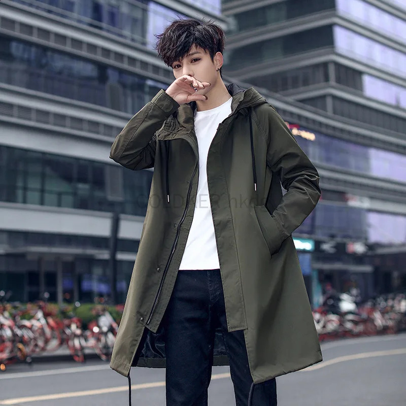 Spring Man Trench Coat Long Fashion Hooded Windbreaker Jacket for Men Black Green Overcoat Casual Outdoor Hiking Rain Coat 250805