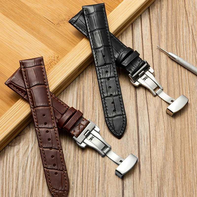 Watch Band with Wooden Box Butterfly Clasp Watchband Replacement Genuine Leather Strap 18mm 20mm 22mm Bracelet Watch Accessories W250811