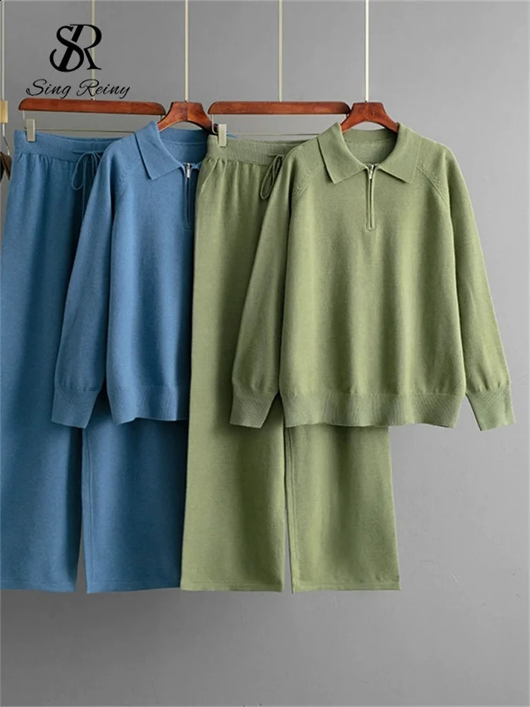 SINGREINY Winter Casual Sweater Suits Polo Collar Zipper TopsDrawstring Wide Leg Long Pant Female Solid Knitting Warm Sets 250806