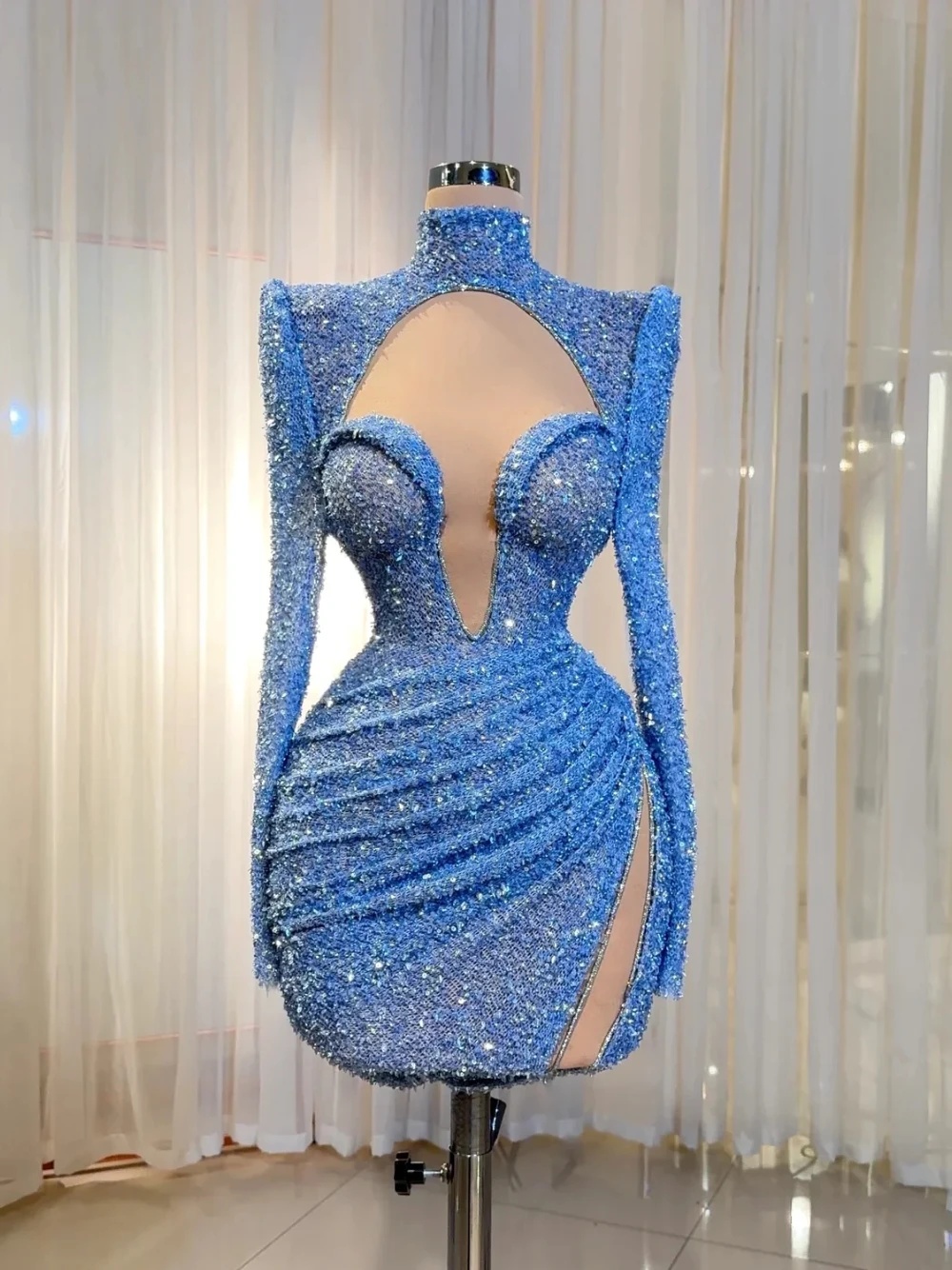 Fashion Mini Evening Dresses Sequins Gown High Neck Long Sleeves Short Dress Evening Party Customized Dress