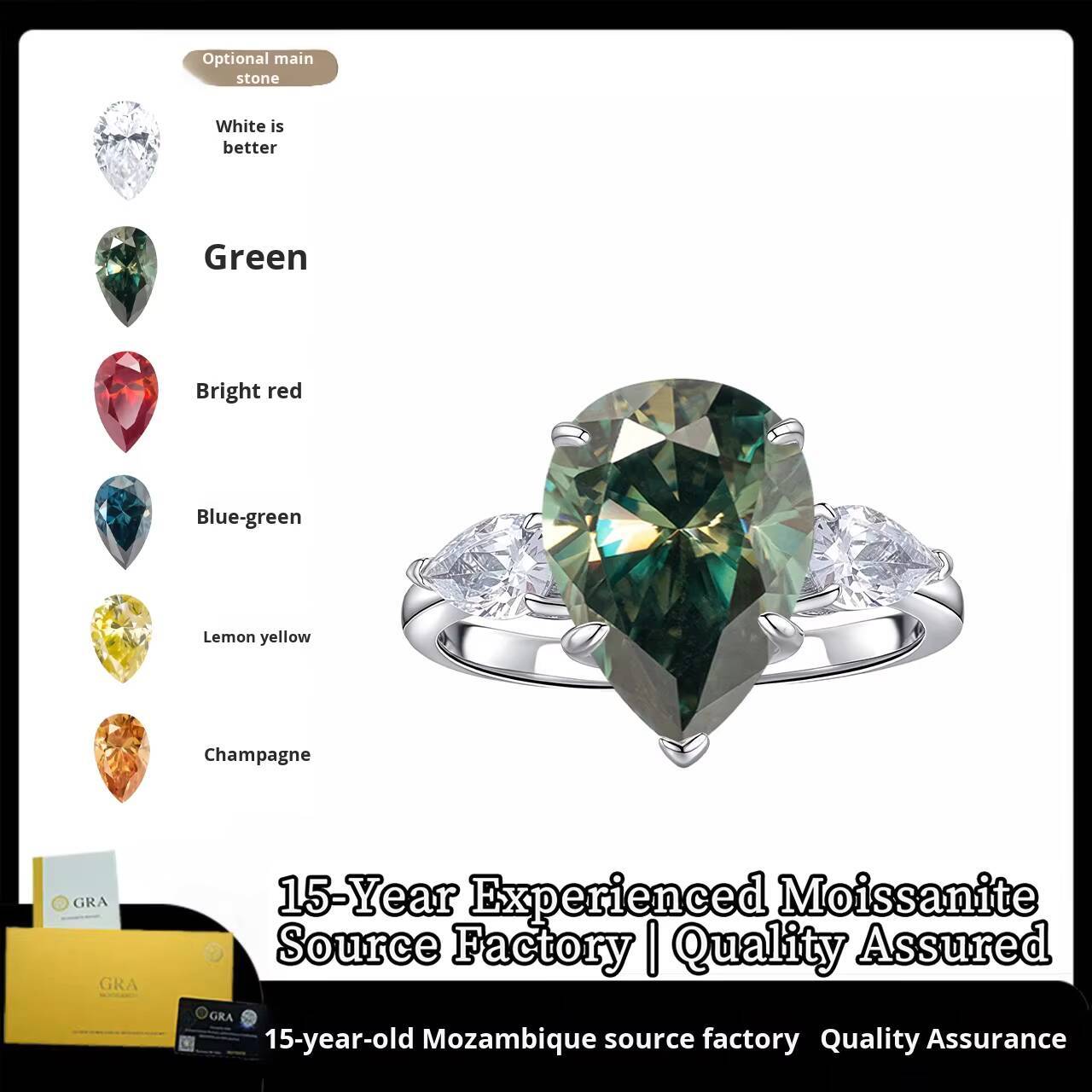 XH Moissanite S925 Silver Drop Pear Shape White Colorful European American Cross-Border Diamond Ring