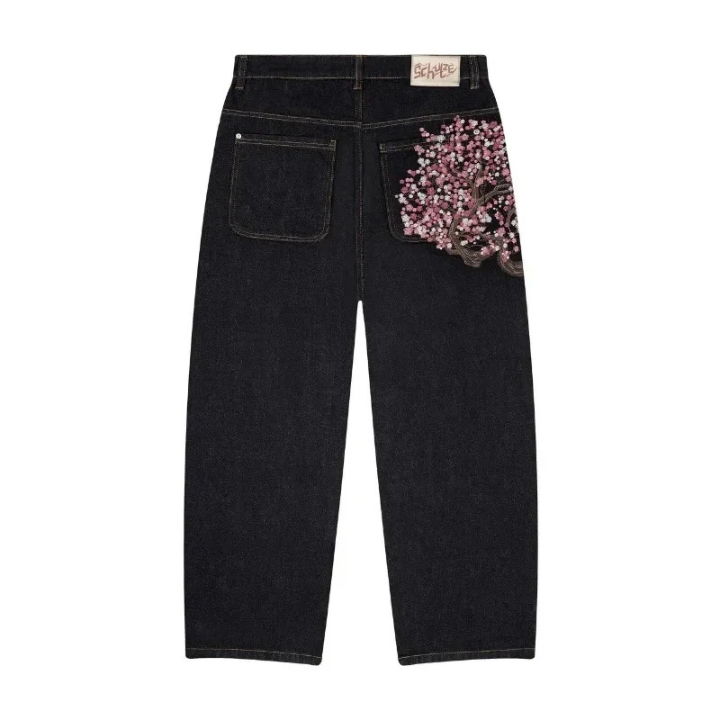 Baggy Jeans Plum Blossom y Y2K Harajuku Vintage Wide Leg Pants Men Women Denim Fabric Street Wear 250809