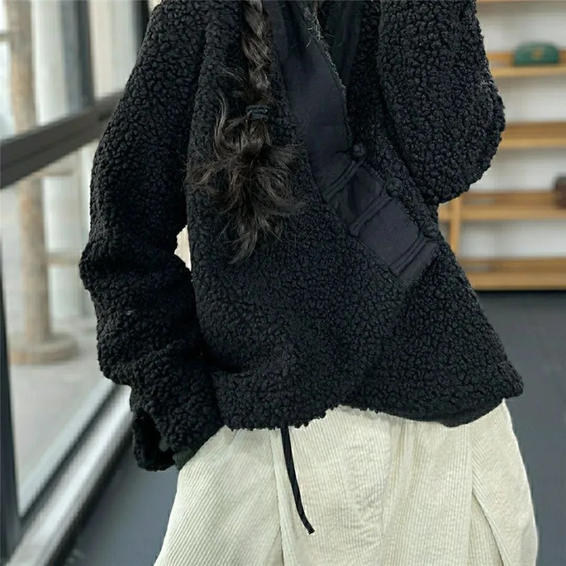 Limiguyue Literary Solid Short Jacket Women Loose Thick Lamb Wool Coat Ethnic Style Vneck Buckle Outerwears Autumn Winter 623P 250811