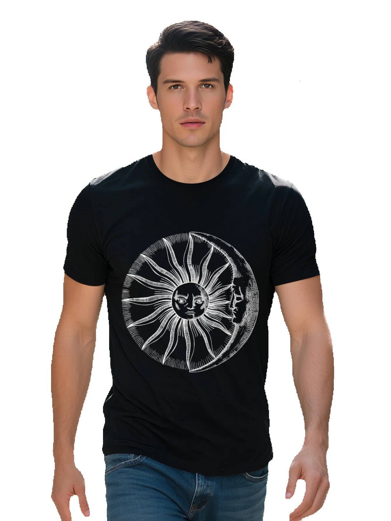 Men Cotton Graphic T Shirt Philosopher s Stone Sun Design Black with White Esoteric Symbol Print Casual Crew 27533