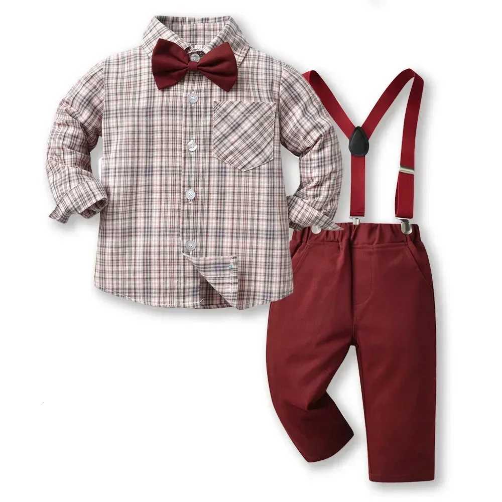 Boy Autumn Cotton Long Sleeve Plaid Shirt and Strap Pants Set Boys Strap Pants Set Boy Red Pants and Shirts for 70cm-160cm Z250811
