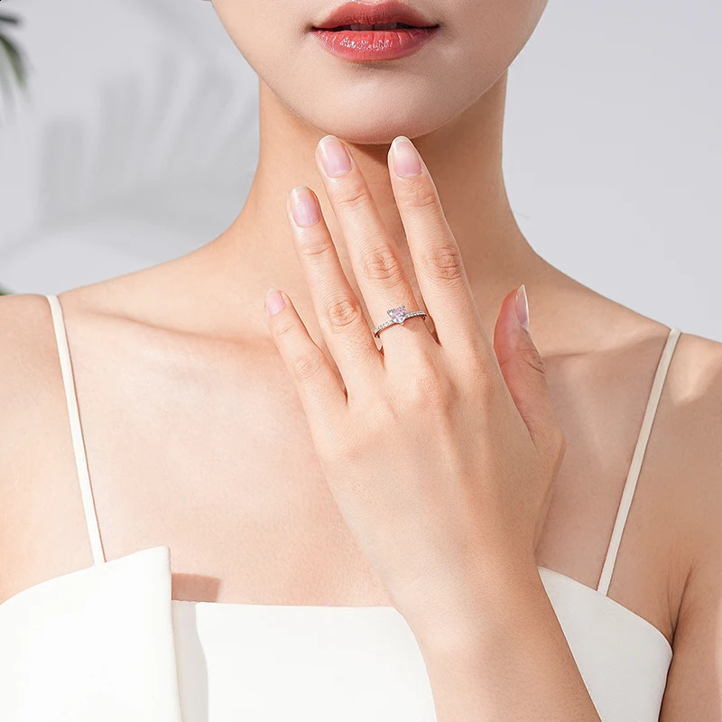 Ailmay 925 Sterling Silver Sparkling Romantic Pink Heart Clear CZ Finger Rings For Women Trendy Wedding Accessories Jewelry Gift 250807