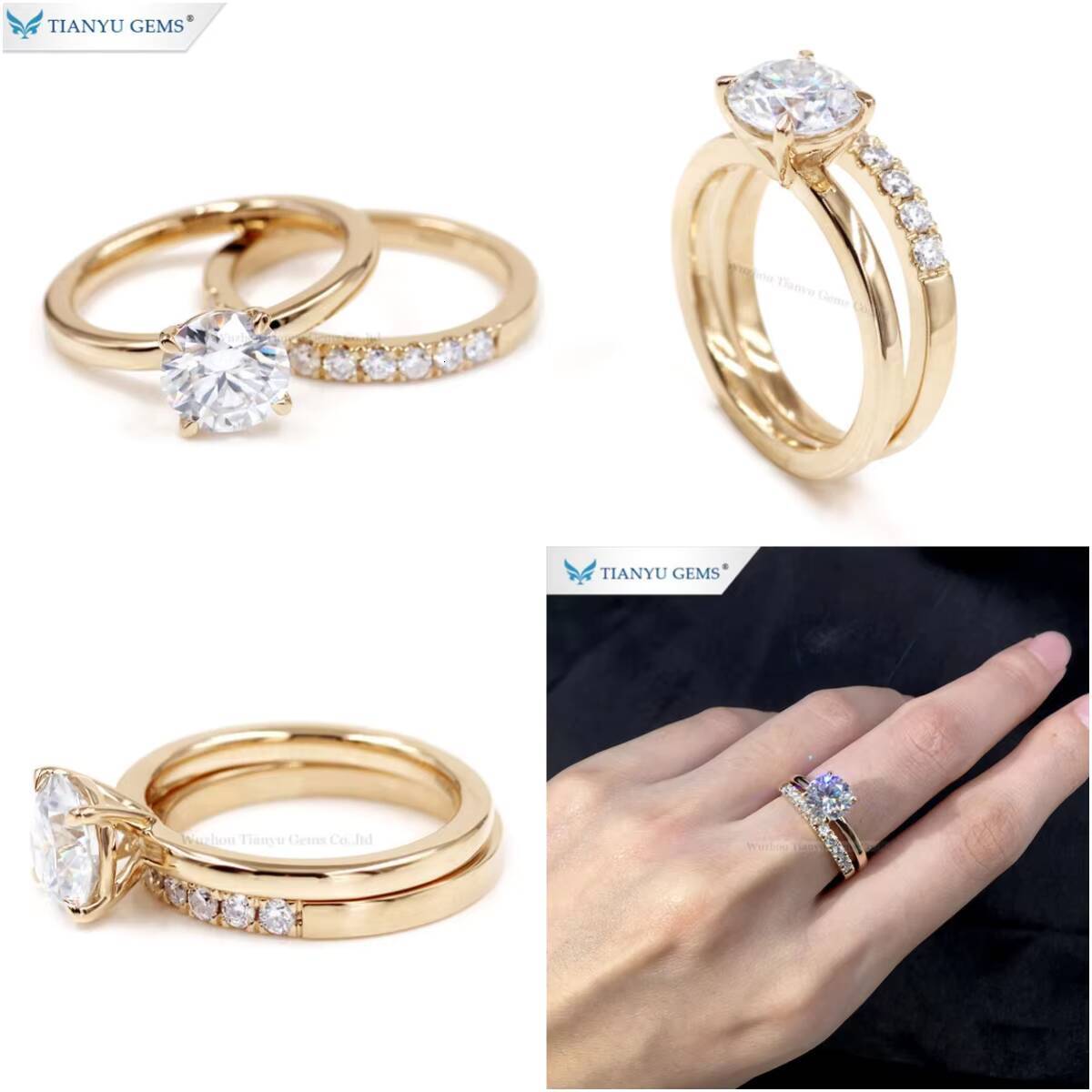 Tianyu Fine Jewelry Custom 585 750 Real Solid Yellow Gold Mossanite Wedding Solitaire Moissanite Engagement Ring Set for Women