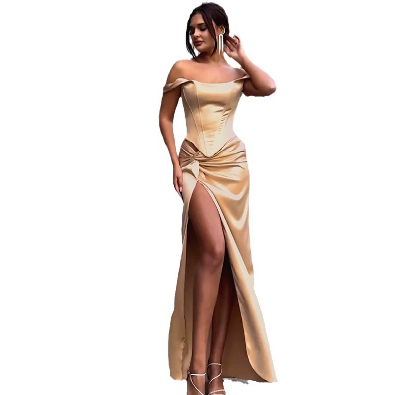 2025 Summer New Women's Sexy Fashion trend Bareback Twisted Split Satin Long Dress New Designer