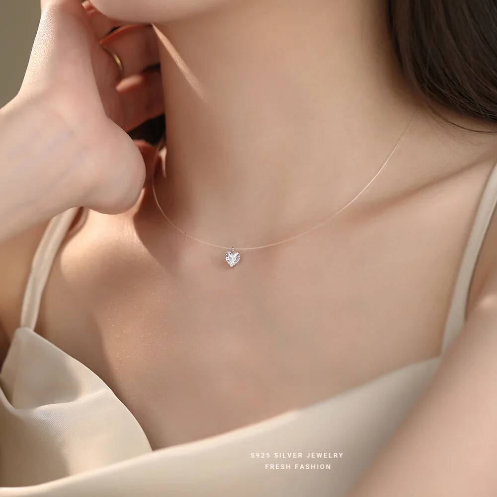 Sterling Sier Shining Zirconia Heart Pendant Rope Necklace for Women Versatile Temperament Jewelry Accessories