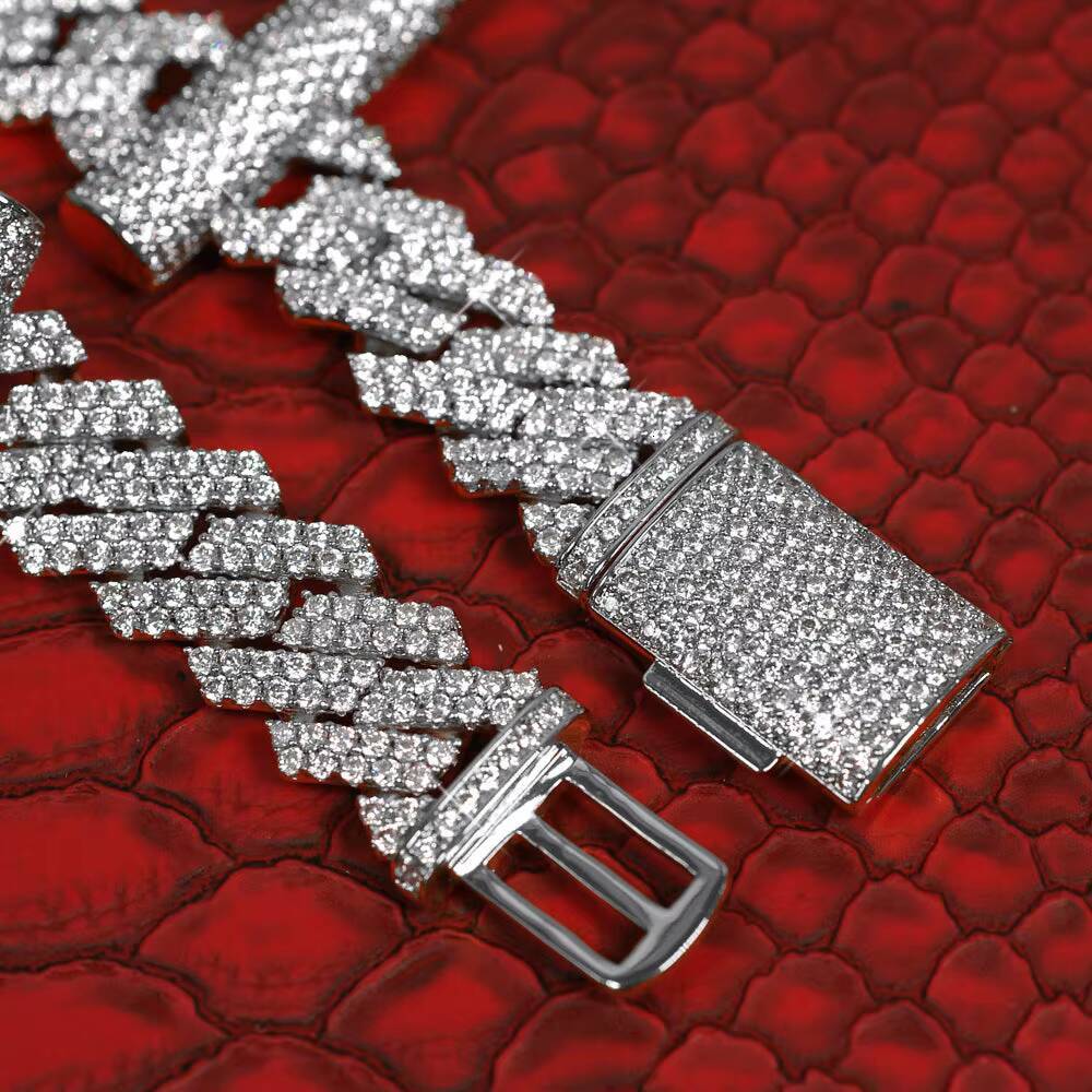 Qianjian Hip Hop Rapper Jewelry 14MM Moissanite Diamond Chain 925 Sterling Silver Moissanite Cuban Bracelet Link Chain for Men