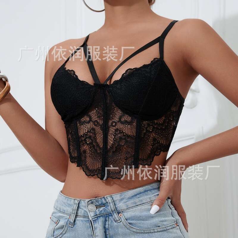 Summer Lace Patchwork Sexy Backless See-through Slim Fishbone Solid Color Camisole Tank Top