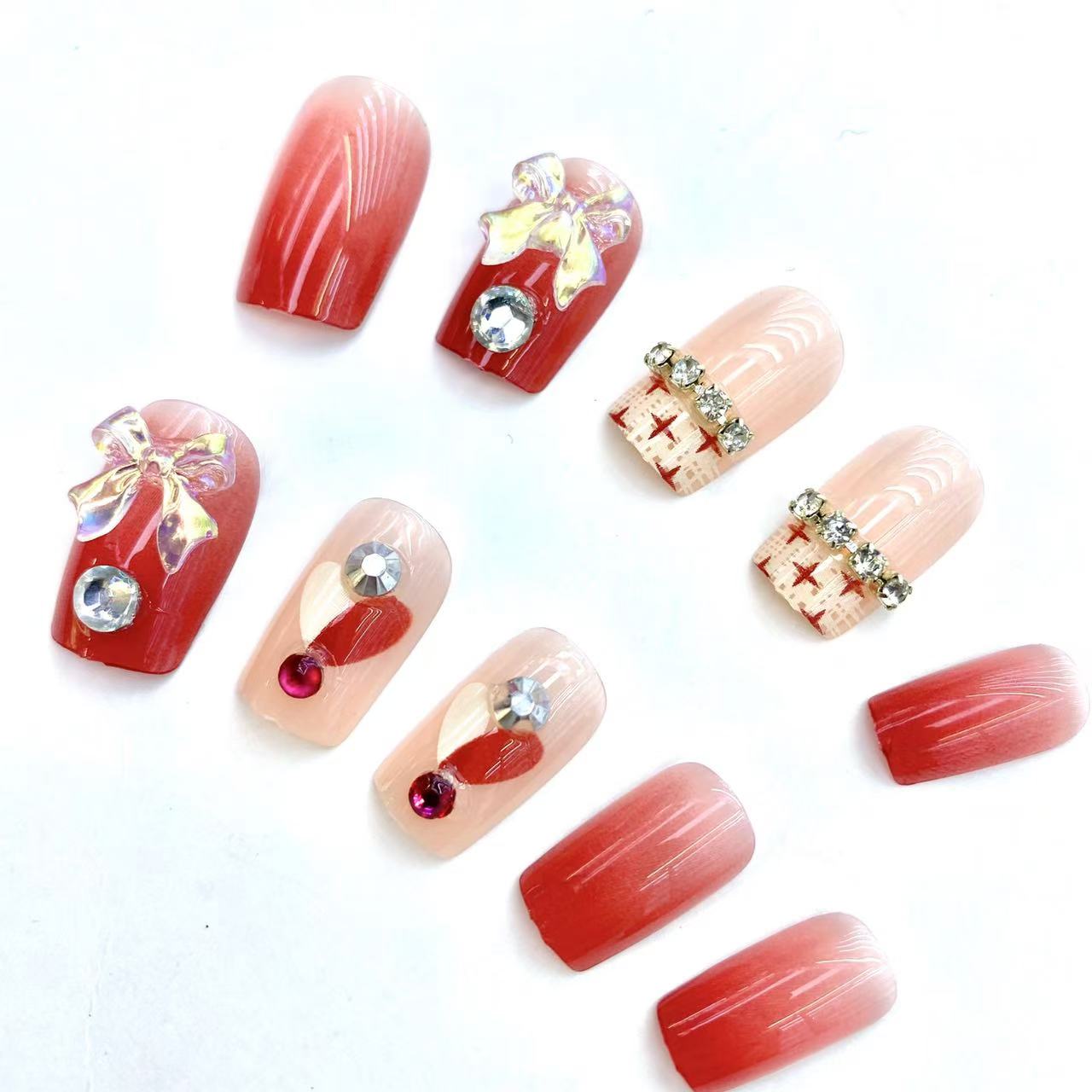 Fake Nails 10pcs Short Square Red Ombre Nude Pink 3D Bow Rhinestone Heart Cross-Stitch Detachable Full Cover Press On DIY Handmade press on nails