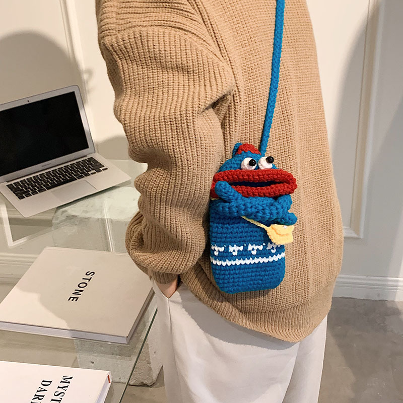 Autumn New Crochet Sausage Mouth Phone Bag Hand Woven Ugly Cute Women's Children's Crossbody Bag Coin Wallet Autumn Niche Design New Designe
