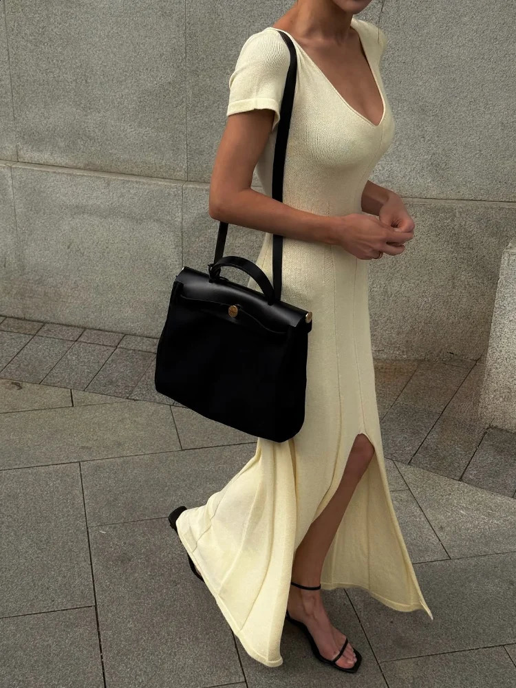 V Neck Short Sleeve Knitted Long Vestido Women Fashion Slit High Waist Slim Fit Maxi Dress High Street Commute Outfits 250805