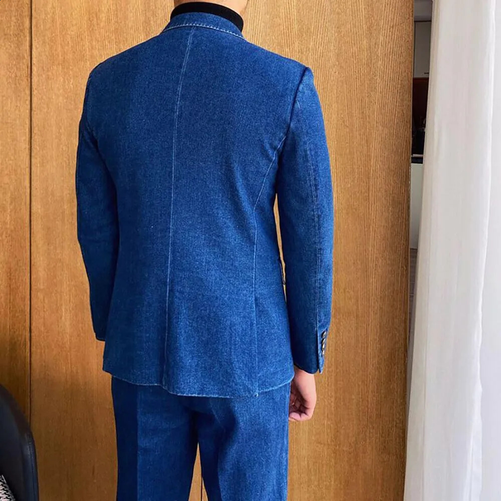 Denim Double Breasted Men Suits Lapel Flat Front Male Clothing High Quality Casual 2 Piece Jacket Pants Sets Formal Blazer 250809