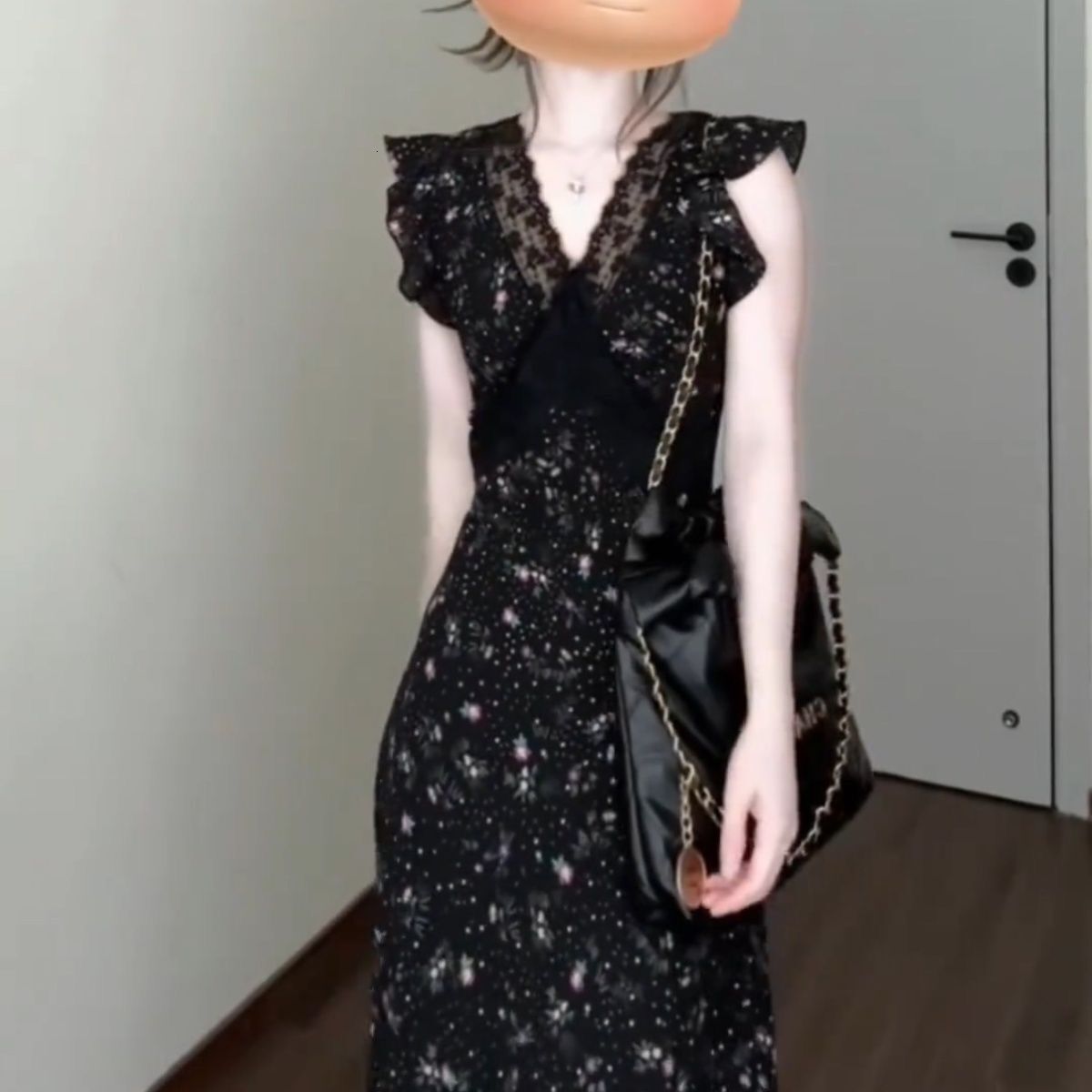 2025 Black Lace Patch Flower Dress Summer Vacation Style trend French Elegant, Unique, Beautiful Asymmetric Waist Long Dress New Designer