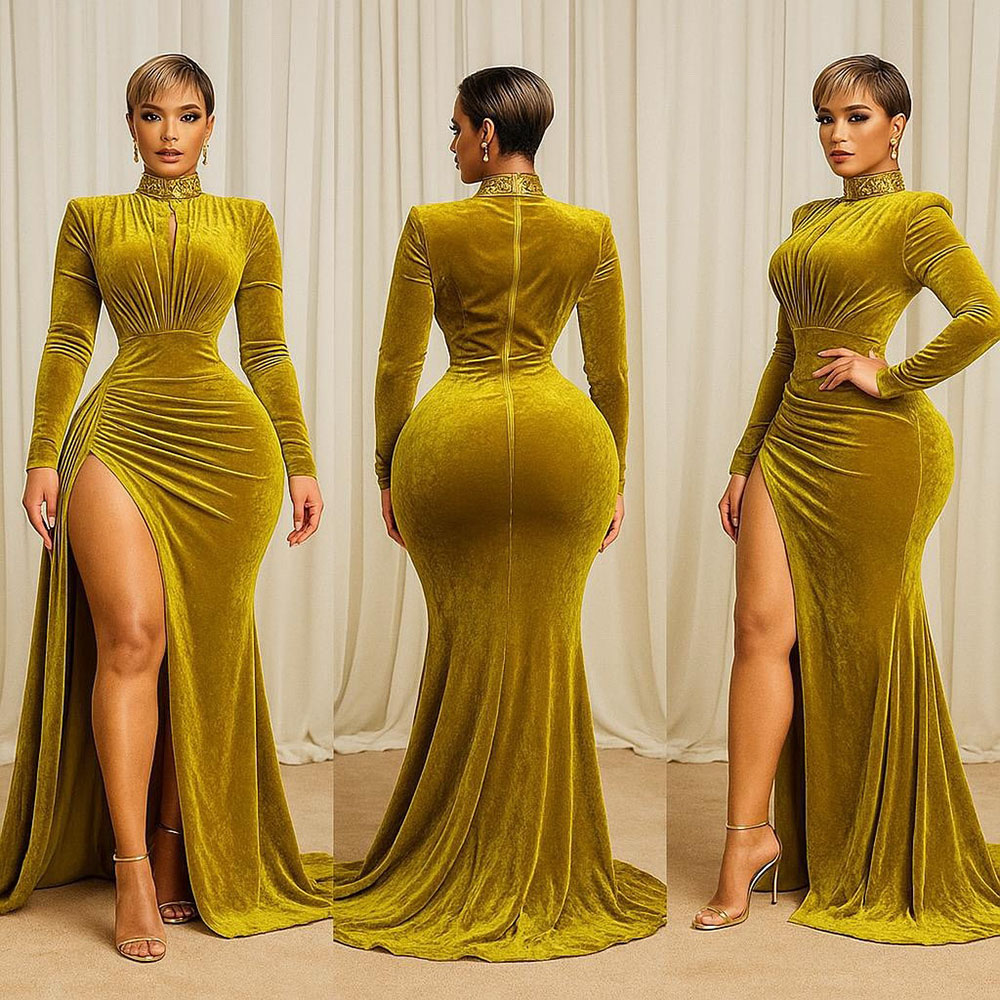 Nigeria Prom Dresses Mermaid Long Sleeves High Slit Special Celebrity Evening Dresses African Women Gala Party Gowns