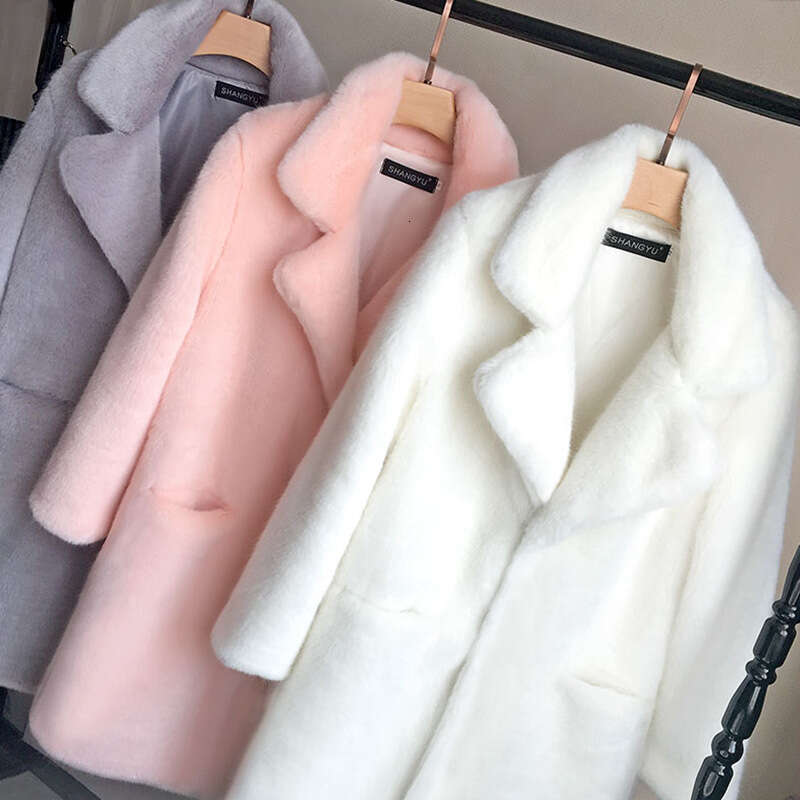 Autumn and winter new solid color imitation fur sheepskin medium long mink coat women's outerwear