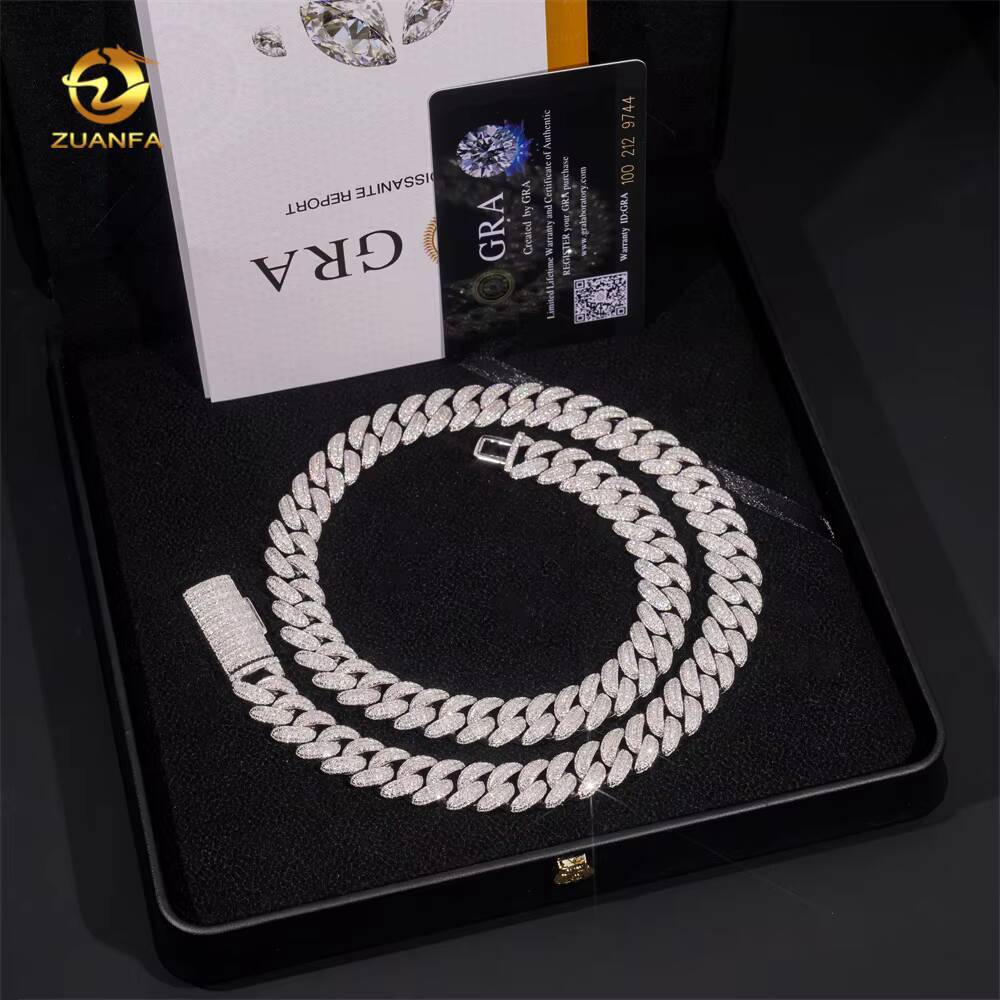 Popular 13mm Cuban Link Chain 925 Sterling Silver Gold Plated Gra Moissanite 3rows Iced Out Sparking Cuban Necklace