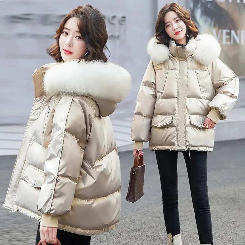 Winter Fashion Warm Duck Down Jacket Womens Clothes Glossy Fur collar Thicken Parka Short Down Coat Female Trend 250806