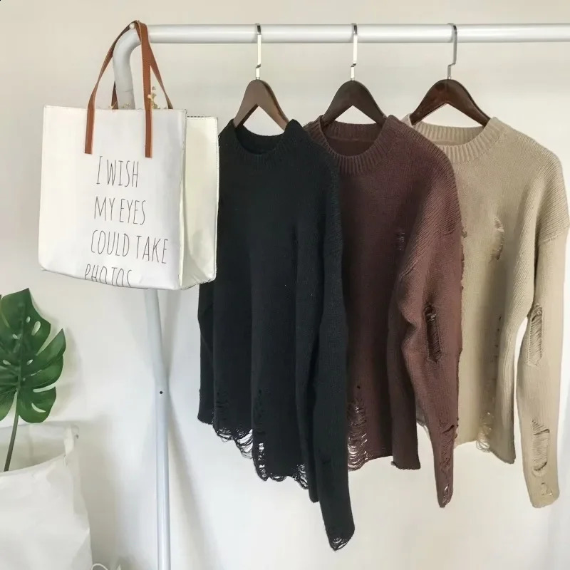 Men Women Streetwear Hip Hop Pullovers Jumper Fashion Oversized All-match Men Spring Wash Hole Ripped Knit Sweaters 250805