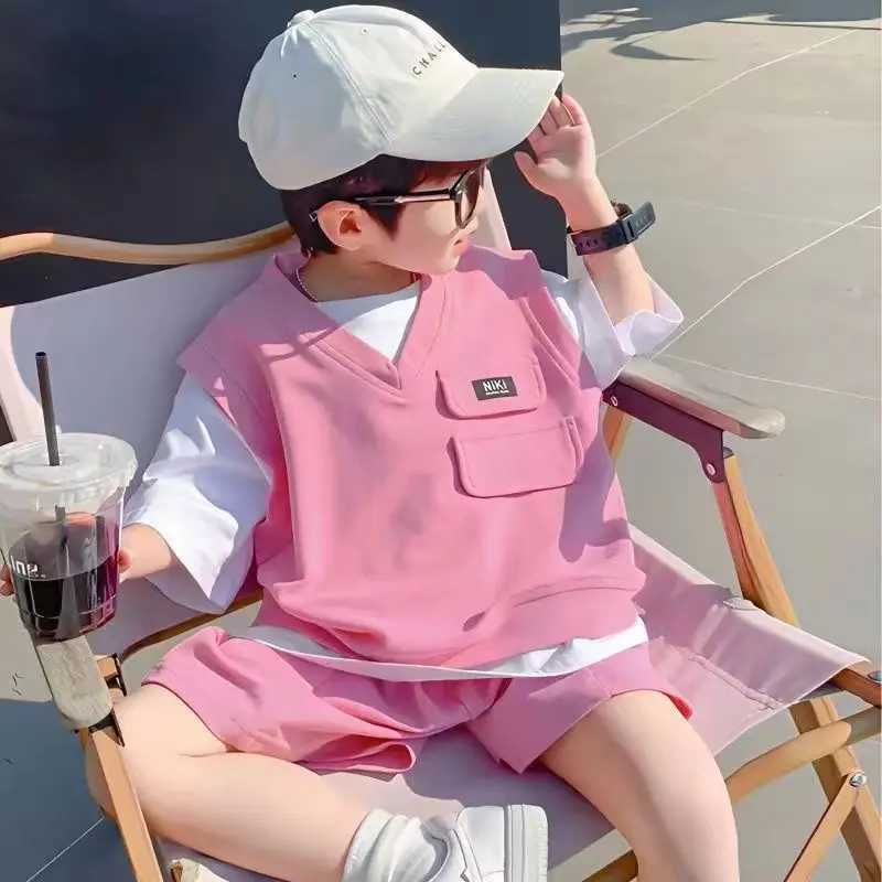 Childrens Summer Short Sleeve Set 2023 New Boys and Girls Pink Spliced T-shirt+Shorts 2-Piece Preschool Casual Sportswear Set Z250811