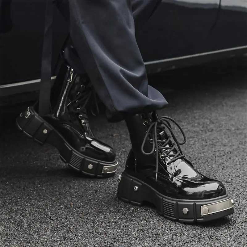 2025 Mens High Top British Style Thick Bottom Increased Bright Leather Black Motorcycle Round Toe Side Zipper Punk Boots Women W250811