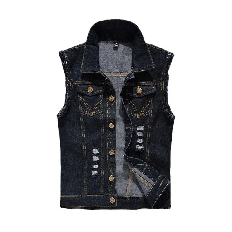 Men Denim Vests Jackets Waistcoats Light Blue Ripped Denim Coats Vests Fashion Male Cotton Slim Black Jeans Waistcoats 6XL 250809