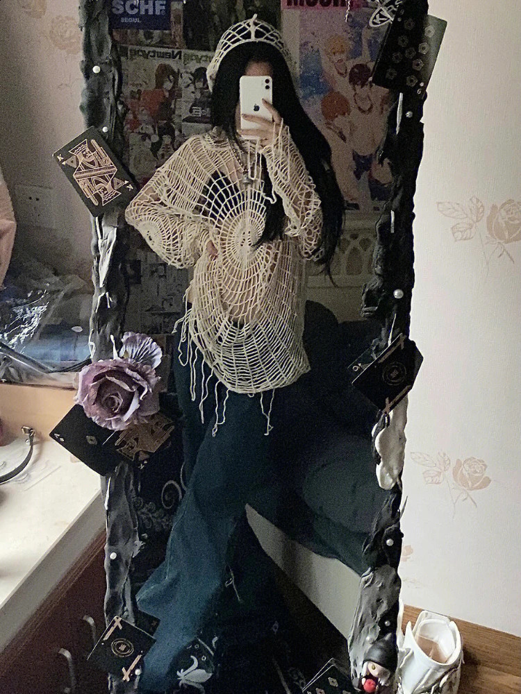 ADAgirl Y2k Spider Web Hollow Out Sweaters Hole Crochet Knit Top Punk Grunge E-Girl Pullover Hoohed Streetwear Goth Mesh Clothes 250811