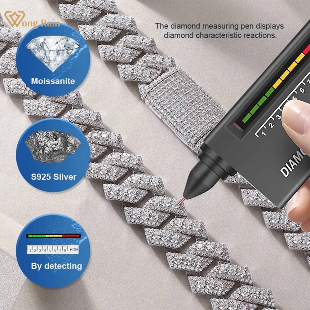 Wong Rain 925 Sterling Silver VVS1 3EX D Color Real Moissanite Full Diamonds Gemstone Sparkling Cuban Chain Necklace Jewelry GRA