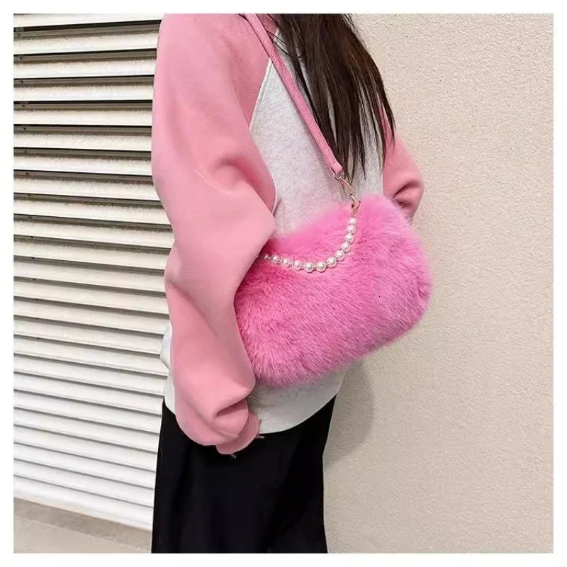 Candy Color Pearl Handle Womens Plush Crossbody Bag Portable Female Furry Handbags Winter Fashion Casual Ladies Shoulder Bags 250811