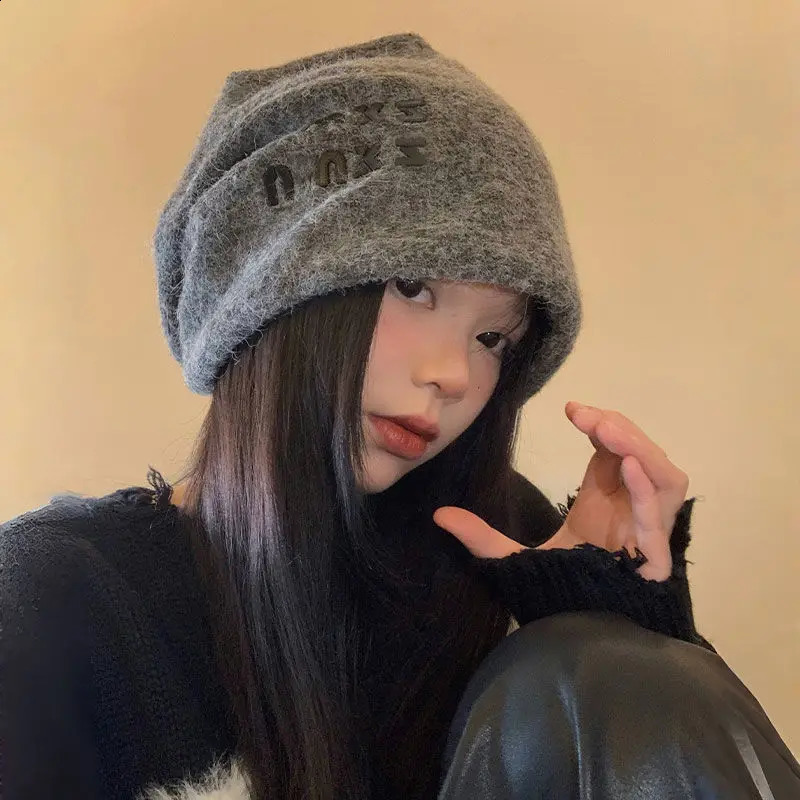 Slouchy Beanie Hat Women Japanese Style Winter Warm Knit Cap Big Size Face Slimming Grey Thermal Cute Versatile 250805
