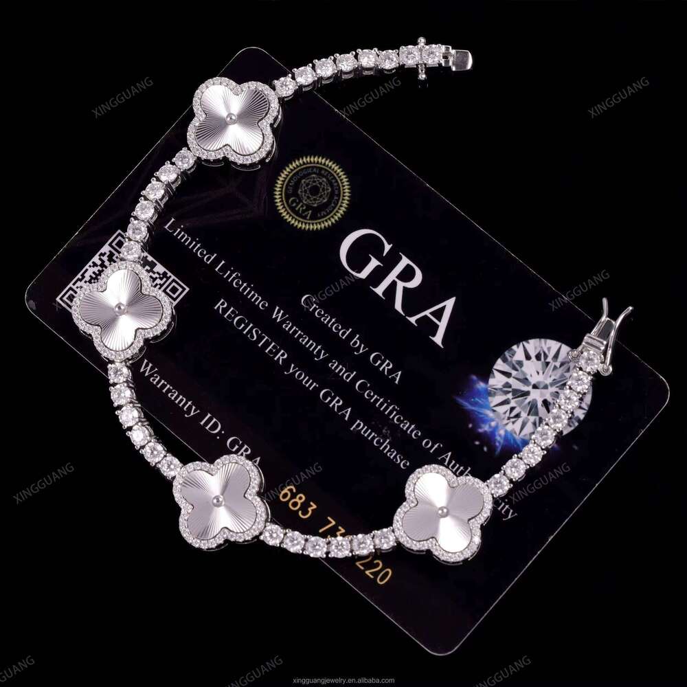 GRA Certificate Hip Hop Style Sterling Sier 3mm VVS1Moissanite Dia Clover Bracelet Tennis Chain for Men Jewelry
