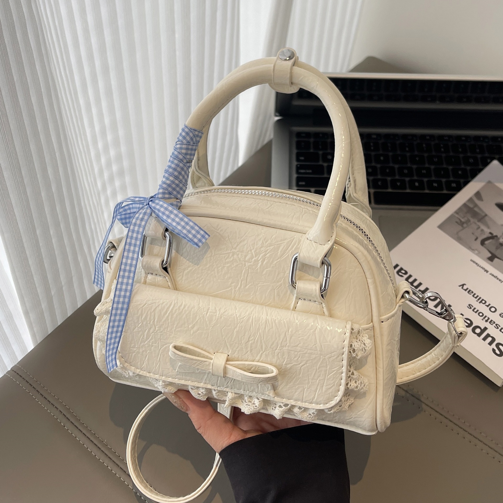 Korean Style Fashion Bowknot Handheld Boston Simple Niche Versatile Small Square Lace Trim Bowling Bag ddmymoon