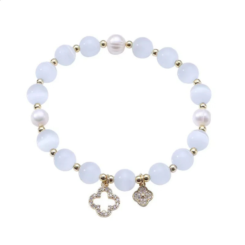 Cat Eye Stone Bead Bracelet For Women Girl Lucky Four-Leaf Flower Crystal Pendant Bracelet Exquisite Adjustable Bracelet Jewelry 250805