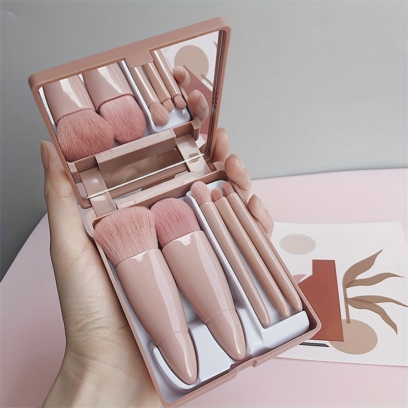 5Piece Mini Makeup Brush Set with Mirror Case Foundation Eyeshadow Blush 250716