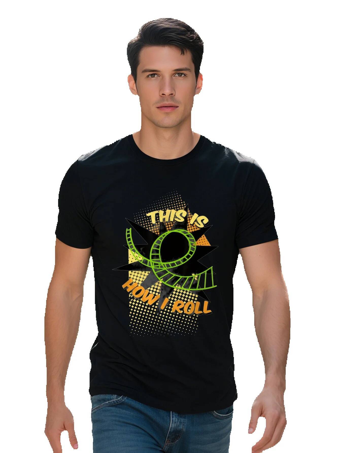 Men s Cotton T Shirt This Is How I Roll Funny Roller Coaster Design Black with Colorful Graphics Crew Neck 41fcf