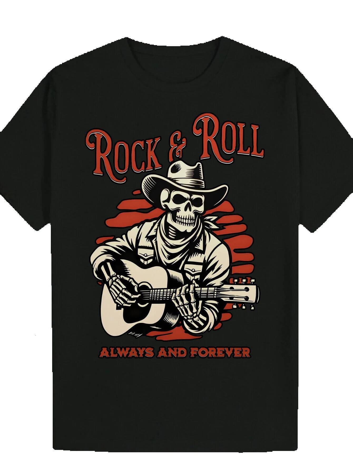 Men's Black Rock Pattern T-Shirt - Skull Cowboy Guitar and 'Forever' Print, 100% Casual Crew Neck Summer T-Shirt, Machine Washable, Fan