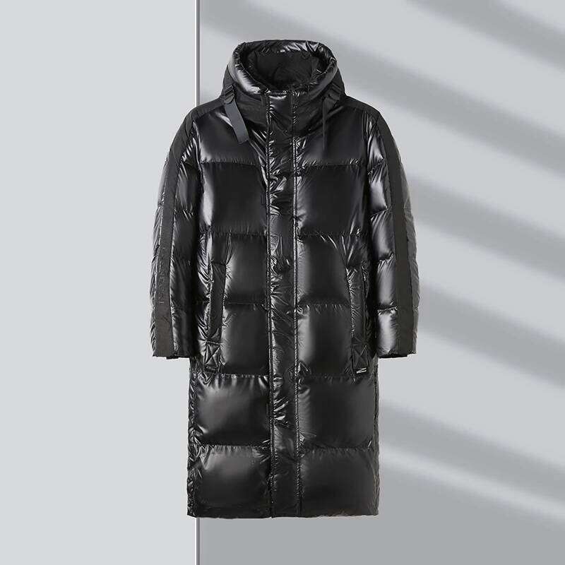 Mid Length Warm White Duck Down Jackets Winter Men's Black Bright Hooded Long Puffer Coats Outwear Windproof Thicken Tops Parkas