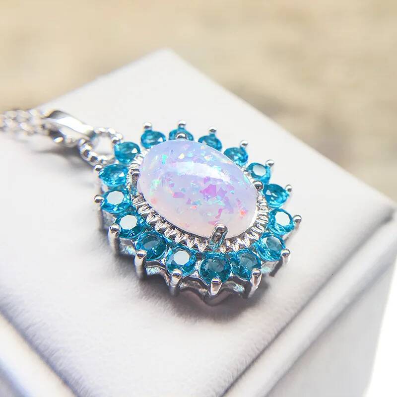 Genuine Sterling Sier Pendant Oval Shape Opal Necklace Zirconia Women Chain Necklaces Birthday Gifts for Wife