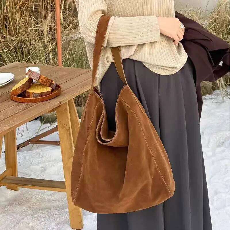 European and American Lazy Style Large Capacity Frosted Cowhide Travel Tote Winter Suede Leather Women Handbag Camel