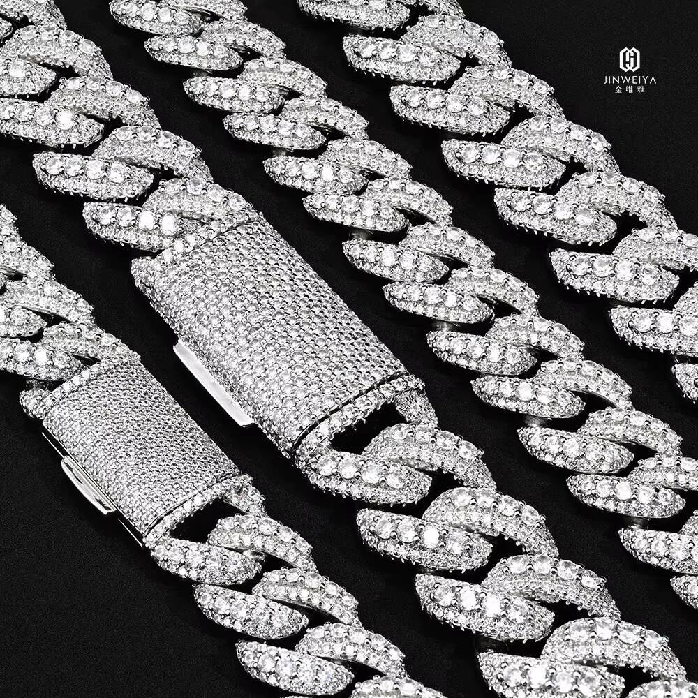 Best Price 14mm-18mm Two Rows Moon Shape Ice Out Cuban Chain S925 Silver VVS Moissanite Chain Men Rapper Hip-hop Necklace