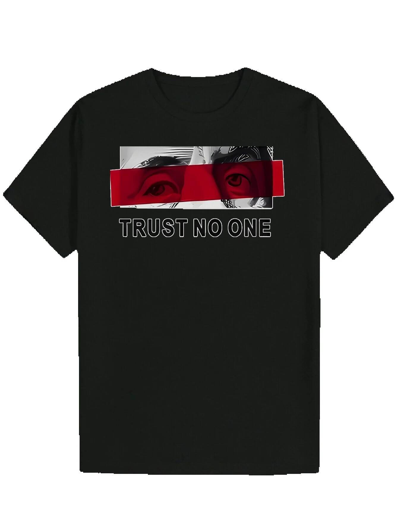 Men's Summer with 'Trust No One' Design - Red Eyes and Text, Sho Sleeve, Crew Neck, Polyester, Loose Fit, Casual Wear Bold Graphic T-Sh