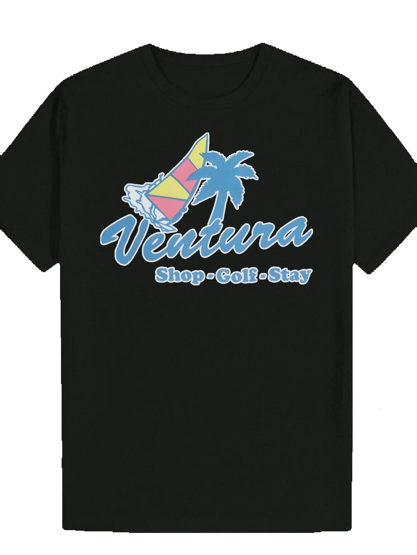 Men's Tropical Ventura Store Golf Accommodation T-Shirt - Summer Casual Crew Neck, Polyester Fiber, Regular Fit, with Colorful Landscape Print, B