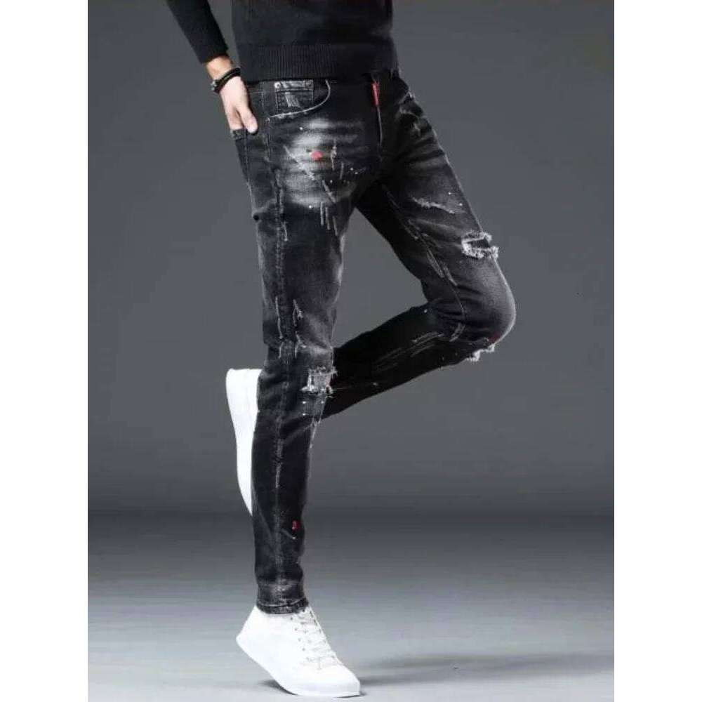 Trousers Ripped Torn Patch Man Cowboy Pants Slim Fit with Holes Men's Jeans Tight Pipe Skinny Broken 2024 Korean Autumn Goth Xs