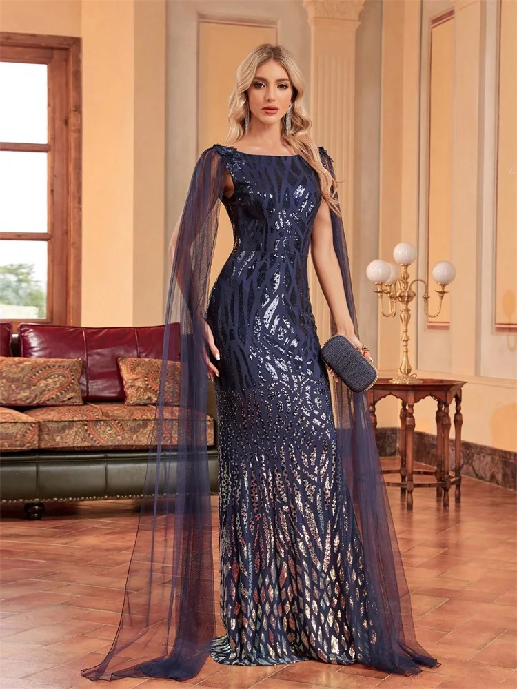 y Arabia Long Sleeve Sequins Evening Dress Women Female Guests Wedding Party Prom Blue Cocktail Dresses 250811