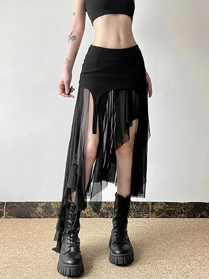Zoki Sexy Irregular Y2K Skirts Women Vintage American High Waist Slim Slit Long Skirt Casual Lady Streetwear Retro Summer Skirts 250809