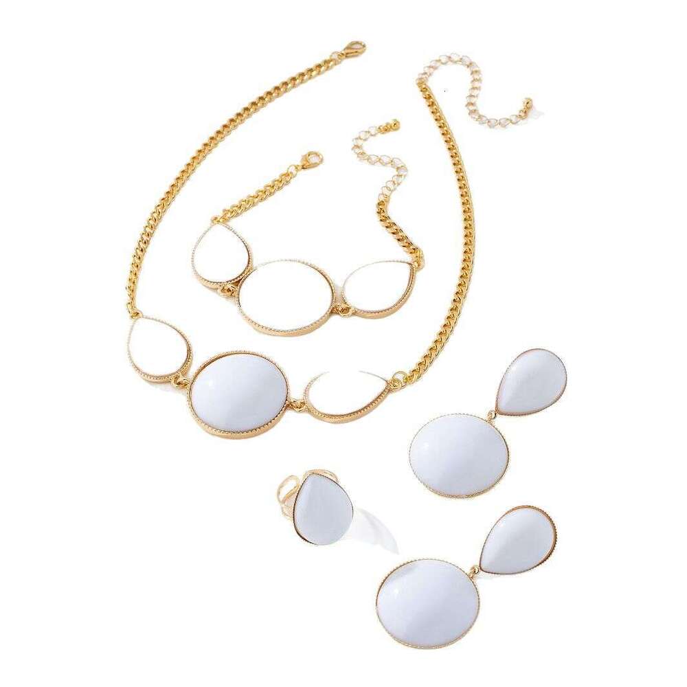 A of Fashionable Elegant Geometric Water Drop Round Inlaid Necklace Earrings Bracelet Ring Women's Jewelry Set