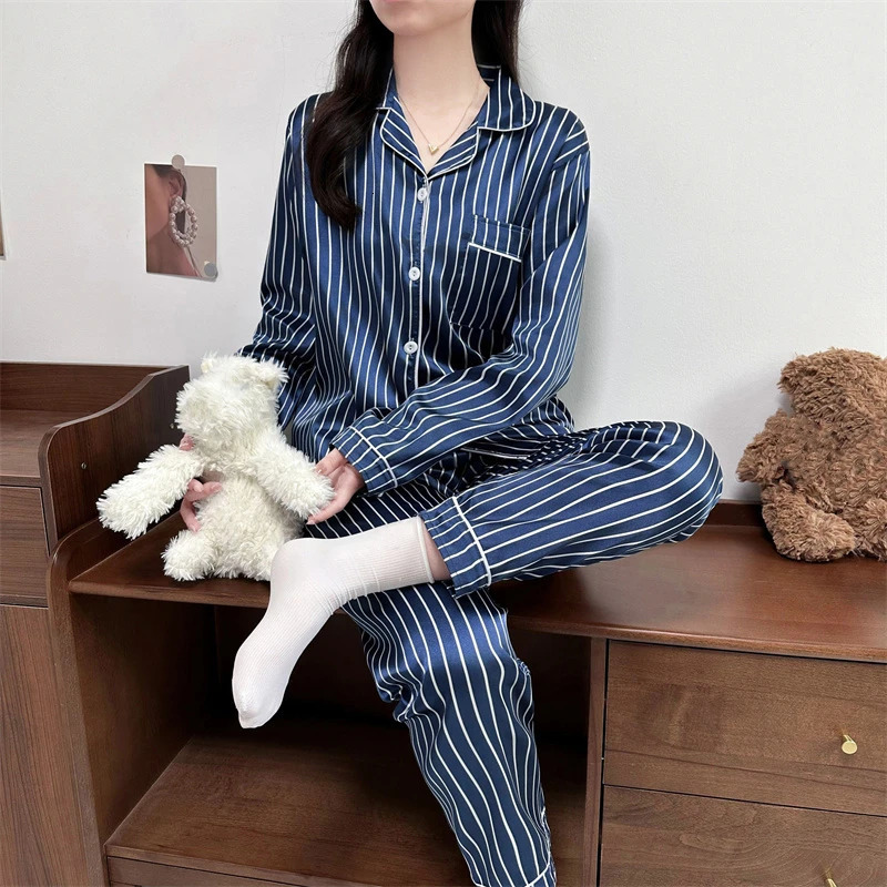 Vintage Striped Lapel Neck n Pajamas Woman Spring Casual Outside Womens Set Simple Trendy Sleepwear 250811