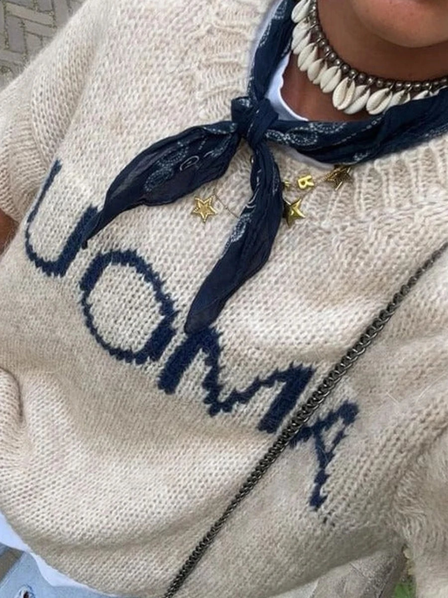 Womens Fall Knit Sweater Half Sleeve Round Neck Solid Color Loose Fit Pullover Tops 250811